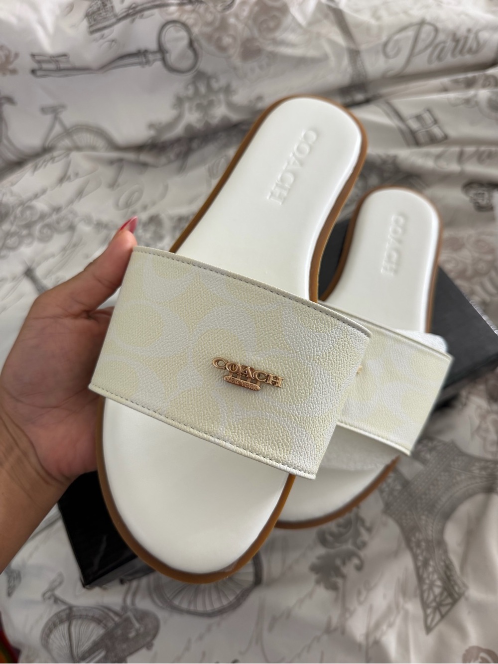 Coach Ivory Logo Slide Sandals with Gold Plaque